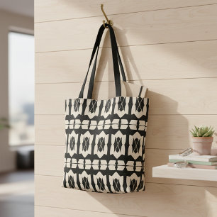 Elegant modern zwart-wit en beige geometrisch patr tote bag