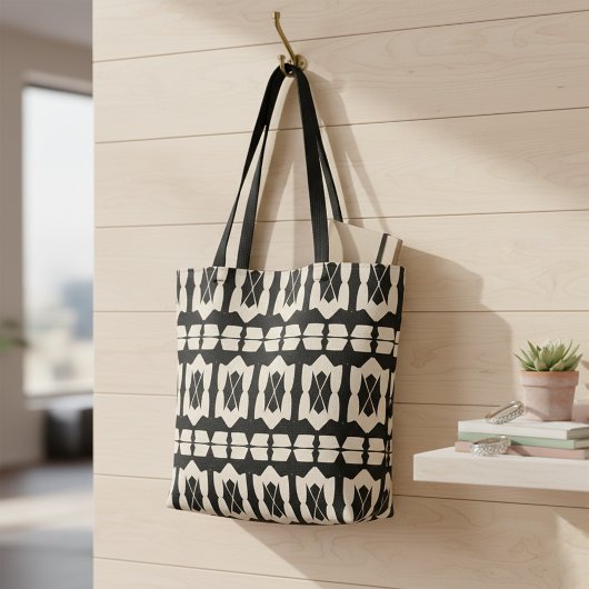 Elegant modern zwart-wit en beige geometrisch patr tote bag