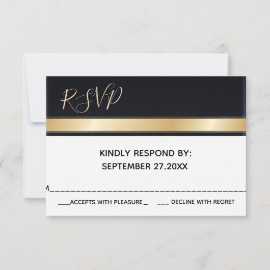 Elegant modern zwart-wit en gouden bruiloft RSVP (Voorkant)