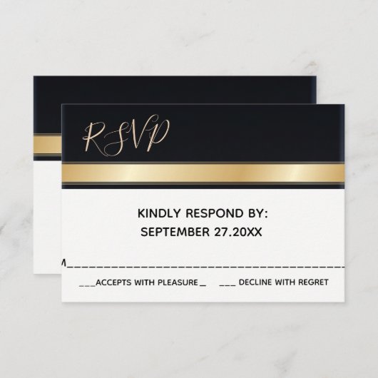Elegant modern zwart-wit en gouden bruiloft RSVP (Voorkant / Achterkant)