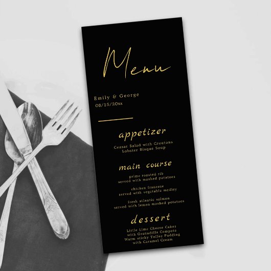Elegant modern zwart-wit en goudkleurig chic Weddi Menu