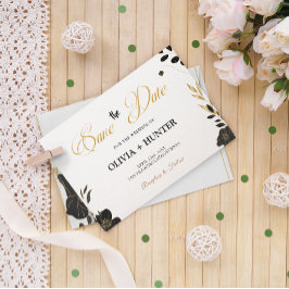 Elegant Modern Zwart-wit, Gouden Bloemen Save The Date