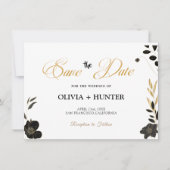 Elegant Modern Zwart-wit, Gouden Bloemen Save The Date (Voorkant)