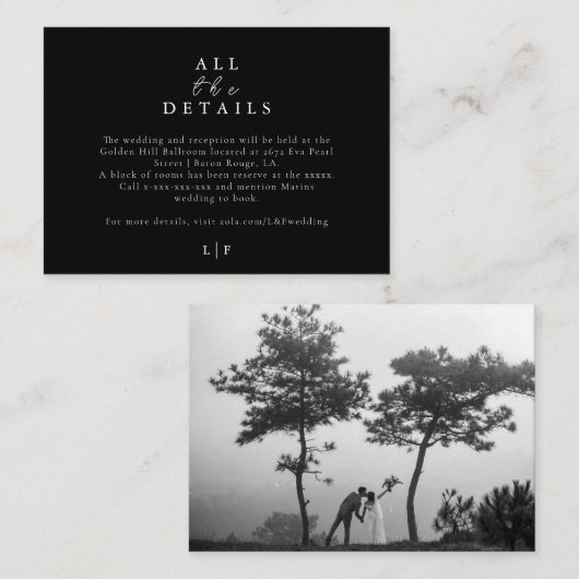 Elegant Modern Zwart & Wit Huwelijksfoto Details Informatiekaartje (Voorkant / Achterkant)