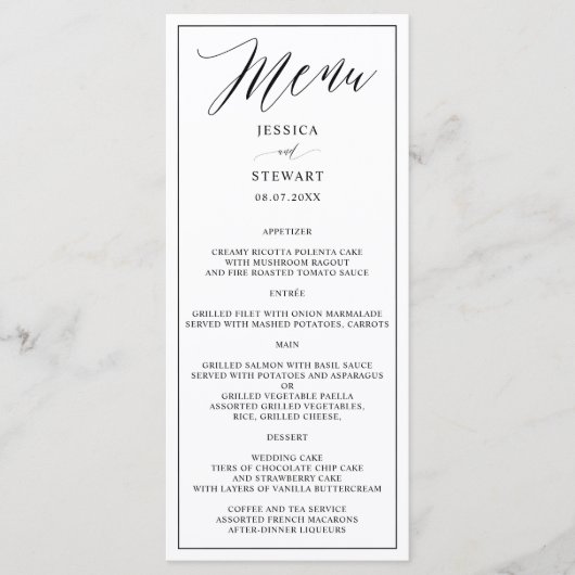 Elegant modern zwart wit kalligrafie bruiloft menu (Voorkant)