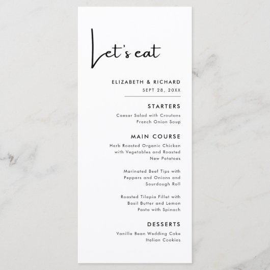 Elegant & Modern Zwart-wit Let's Eat Wedding Menu (Voorkant)