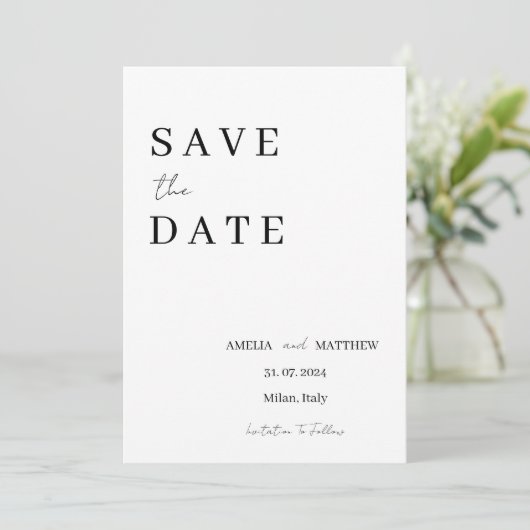 Elegant Modern Zwart-Wit Minimalist Save The Date (Staand voorkant)