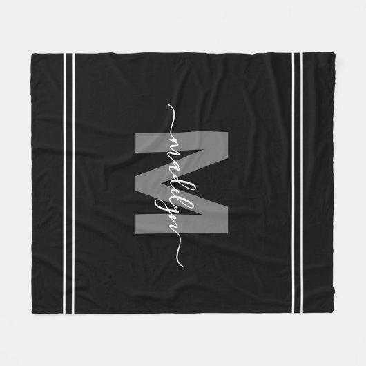 Elegant Modern Zwart Wit Script Naam Monogram Fleece Deken (Voorkant (Horizontaal))