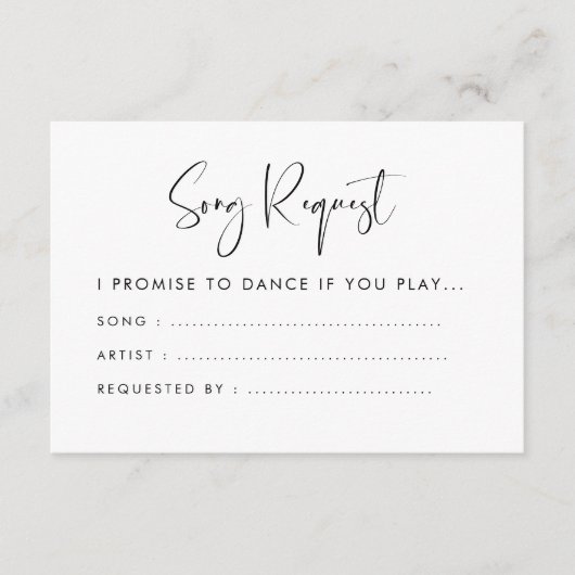 Elegant modern, zwart-witbruiloft Song-verzoek Informatiekaartje (Voorkant)