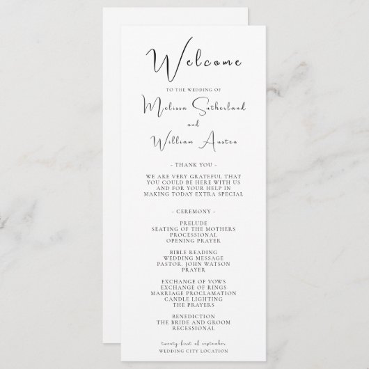 Elegant modern zwart-withuwelijk programmakaart (Voorkant / Achterkant)