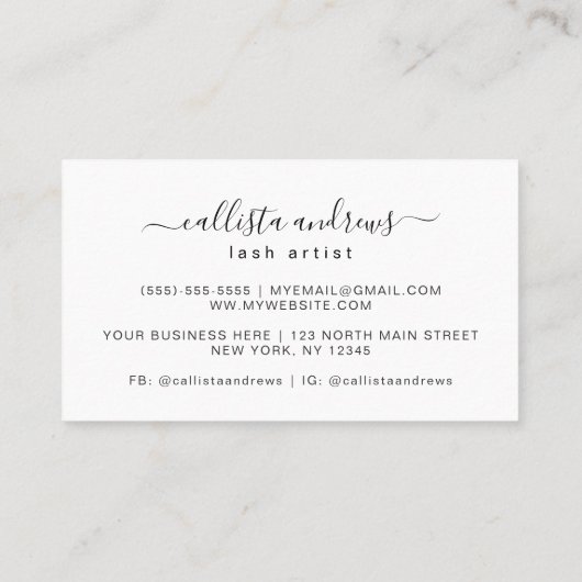 Elegant Moderne Eenvoudige Typografie Lashes Visitekaartje (Achterkant)