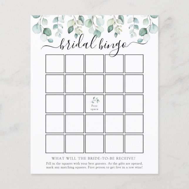 Elegant Moderne Eucalyptus Bridal Bingo Game Kaart (Voorkant)