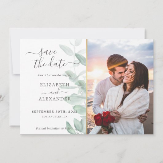 Elegant moderne eucalyptusbruinhuwfoto save the date (Voorkant)