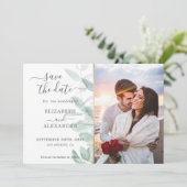 Elegant moderne eucalyptusbruinhuwfoto save the date (Staand voorkant)