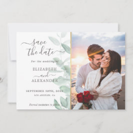 Elegant moderne eucalyptusbruinhuwfoto save the date