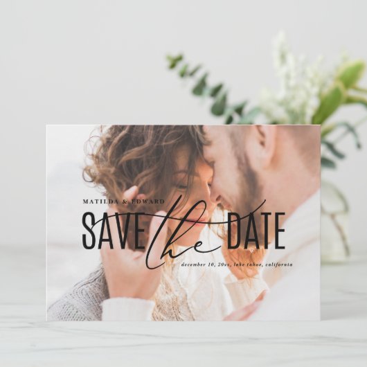Elegant moderne foto van zwart-wit en goud, waarop save the date (Staand voorkant)