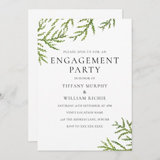 Elegant Moderne Greenery Engagement Party nodigt u Kaart (Voorkant / Achterkant)