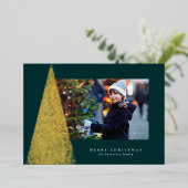 Elegant moderne kerstboom met één foto groen goud folie feestdagenkaart (Staand Voorkant)