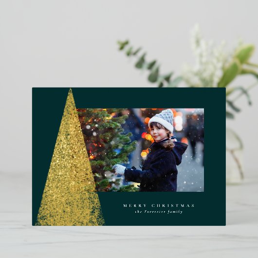 Elegant moderne kerstboom met één foto groen goud folie feestdagenkaart (Staand Voorkant)