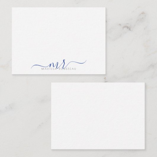Elegant Moderne Manuscript Monogram Blauwe Initial Notitiekaartje (Voorkant / Achterkant)