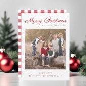 Elegant Moderne Manuscript Red Pset met kerstfoto Feestdagenkaart