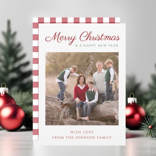 Elegant Moderne Manuscript Red Pset met kerstfoto Feestdagenkaart