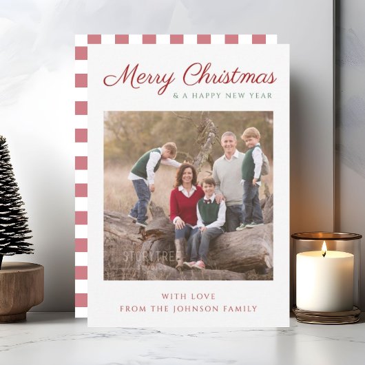 Elegant Moderne Manuscript Red Pset met kerstfoto Feestdagenkaart