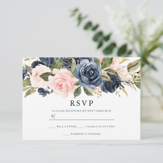 Elegant moderne marine & Blush All Seasons Wedding RSVP Kaartje (Staand voorkant)