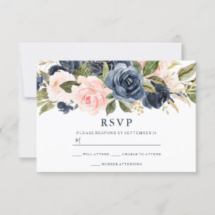 Elegant moderne marine & Blush All Seasons Wedding RSVP Kaartje