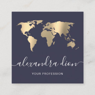Elegant moderne minimale goudblauwe wereldkaart vierkante visitekaartje