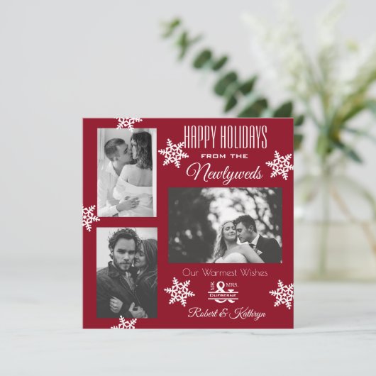 Elegant & Moderne Pas getrouwd Drie kerstfoto's Feestdagenkaart (Staand voorkant)