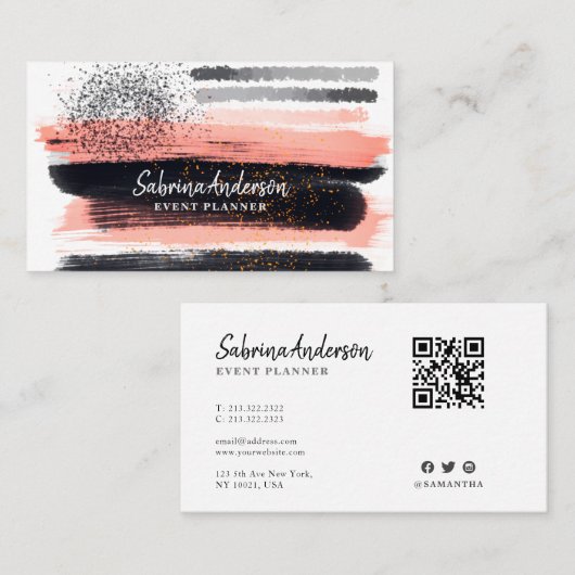 Elegant Moderne Roze en Zwarte Waterverf Abstract Visitekaartje (Voorkant / Achterkant)