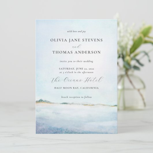 Elegant Moderne Waterverf Beach All in One Wedding Kaart (Staand voorkant)