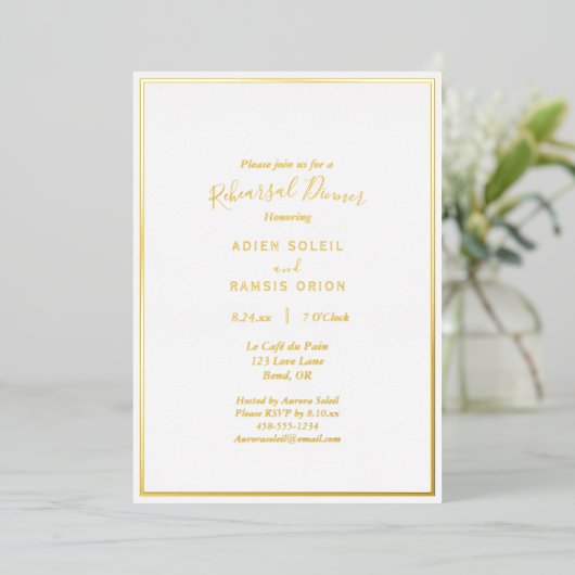 Elegant Moderne Wedding Rehearsal Dinner Gold Folie Uitnodiging (Staand Voorkant)