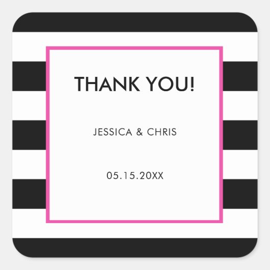 Elegant moderne zwarte witte hotroze strepen vierkante sticker (Voorkant)