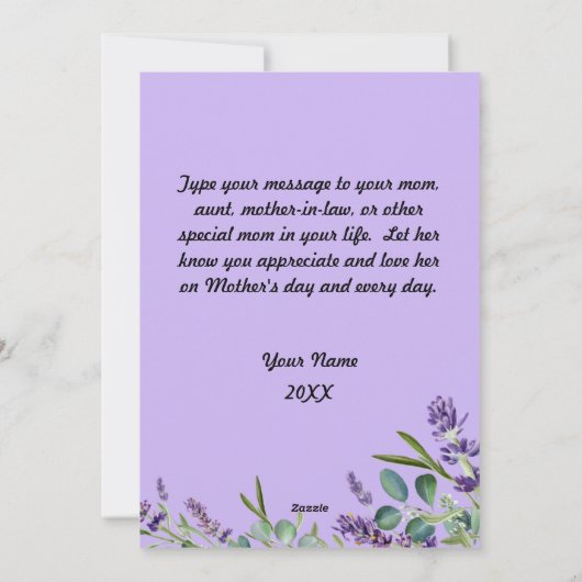 Elegant Moederdag in het Paars en groen Floral Feestdagenkaart (Achterkant)