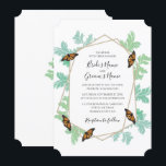 Elegant Monarch Butterfly Wedding Invitations Kaart<br><div class="desc">Dit ontwerp is voorzien van een elegant monboogvlinder en bladontwerp. Het gouden geometrische lijst wordt omringd door waterverf bladeren. De oranje en zwarte vlinders zijn aangetrokken tot het groen. Damasbladpatroon met groene waterverf-tonen. Het omgekeerde toont een paar vlinders die op het blad van de waterverf rusten. De combinatie van kleuren...</div>