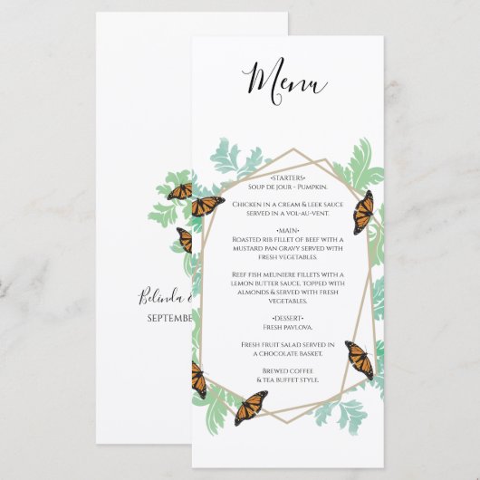 Elegant Monarch Butterfly Wedding Menu (Voorkant / Achterkant)