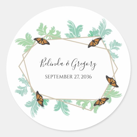 Elegant Monarch Butterfly Wedding Ronde Sticker (Voorkant)
