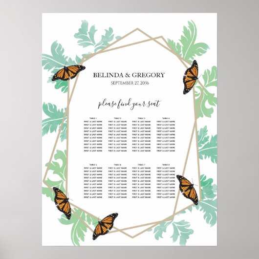 Elegant Monarch Butterfly Wedding Seding Chart Poster (Voorkant)