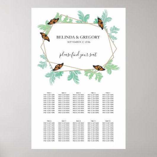 Elegant Monarch Butterfly Wedding Seding Chart Poster (Voorkant)