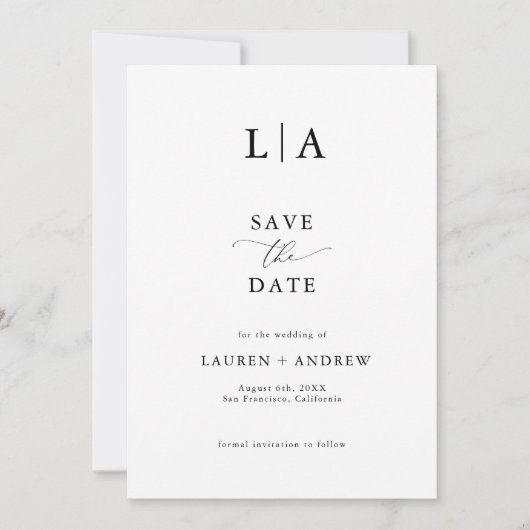 Elegant Mongram Zwart & Wit Bewaar de datum Kaart (Voorkant)