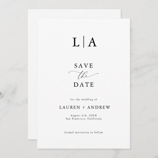 Elegant Mongram Zwart & Wit Bewaar de datum Kaart (Voorkant / Achterkant)