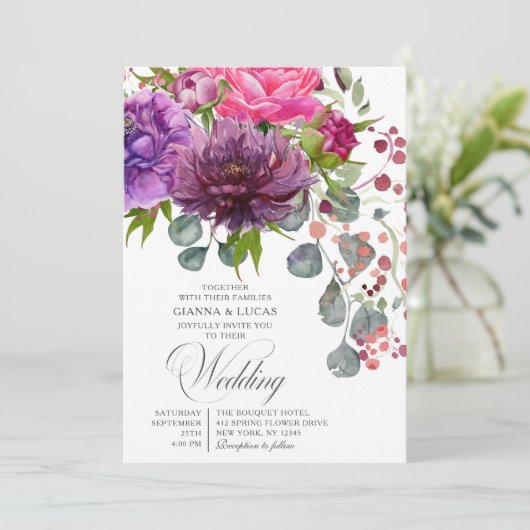 Elegant Monochrome Waterverf Floral Wedding Kaart (Staand voorkant)