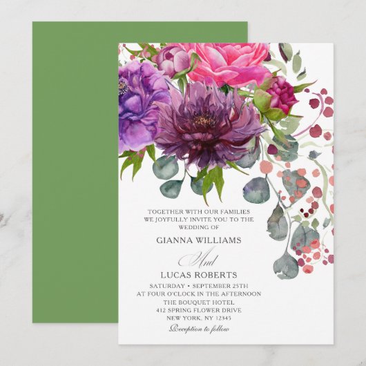 Elegant Monochrome Waterverf Floral Wedding Kaart (Voorkant / Achterkant)