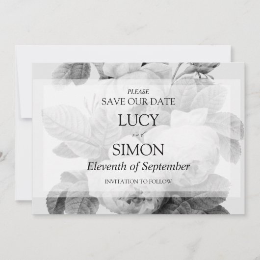 Elegant monochroom  Franse rozen Save The Date (Voorkant)