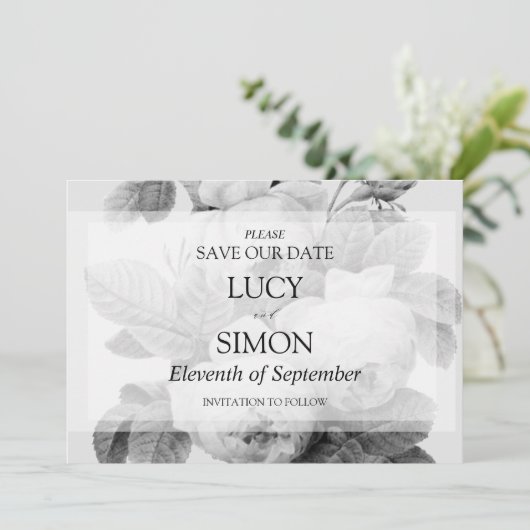 Elegant monochroom  Franse rozen Save The Date (Staand voorkant)
