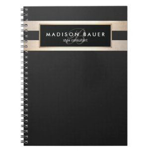 Elegant Monogam Striped Black and FAUX Gold Foil Notitieboek