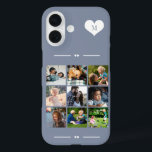 Elegant monogram 9 foto collage blauw iPhone 16 hoesje<br><div class="desc">Voeg negen familie,  kinderen,  huisdieren of beste vrienden afbeeldingen en creëer uw eigen mooie fotocollage telefoonhoesje met uw monogram naam initiaal in een wit hart over een stoffige blauwe achtergrond.            Eenvoudig te personaliseren met uw aangepaste vierkante afbeeldingen en letter</div>