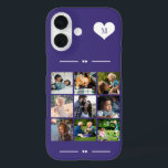 Elegant monogram 9 foto collage paarse iPhone 16 hoesje<br><div class="desc">Voeg negen familie,  kinderen,  huisdieren of beste vrienden afbeeldingen en creëer uw eigen mooie fotocollage telefoonhoesje met uw monogram naam initiaal in een wit hart over een paarse achtergrond.            Eenvoudig te personaliseren met uw aangepaste vierkante afbeeldingen en letter</div>